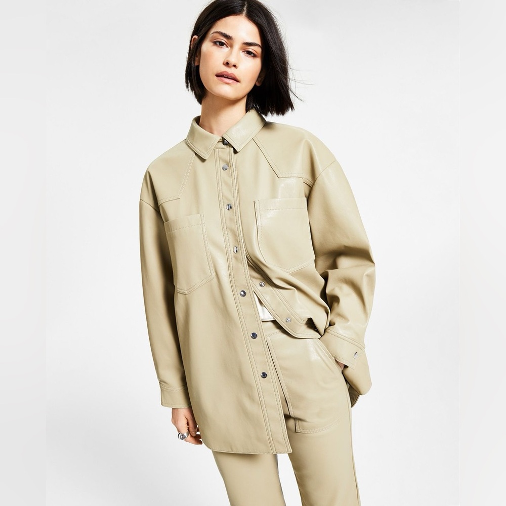 LNA Clothing Womens Beige Faux Leather Lined Collared Snap Closure Button down